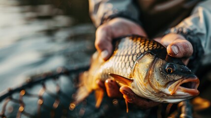 Obraz premium A fisherman's hands firmly hold a freshly caught fish over the water, showcasing the intricate scale details and the moment of their valued catch, amidst the watery backdrop.