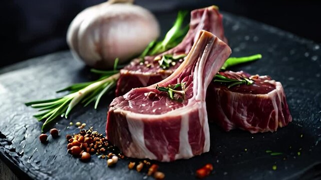 Raw Lamb Chops with Rosemary, Garlic, and Spices on a Black Slate