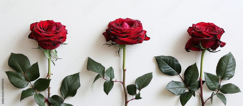 Poster Three vibrant red roses arranged in a line with ample space for text or graphics in the picture.