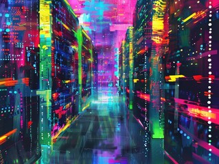 Fototapeta premium Vibrant digital servers in a futuristic data center with colorful neon lights, reflecting modern technology and cyberspace.