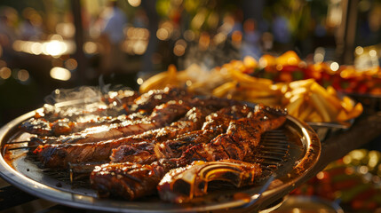 A delectable plate of grilled meat presented at a wedding or restaurant buffet, inviting guests to savor the culinary delights of the occasion.
