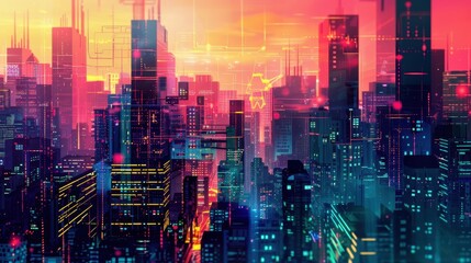 Vibrant futuristic cityscape with neon lights and skyscrapers, showcasing a digital, cyberpunk-inspired urban landscape during sunset.