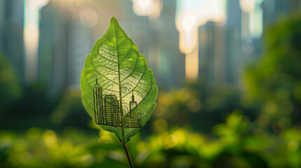 A simple, unadorned photo of a green leaf with a cityscape drawn on it, set against a serene green background, emphasizing urban greening