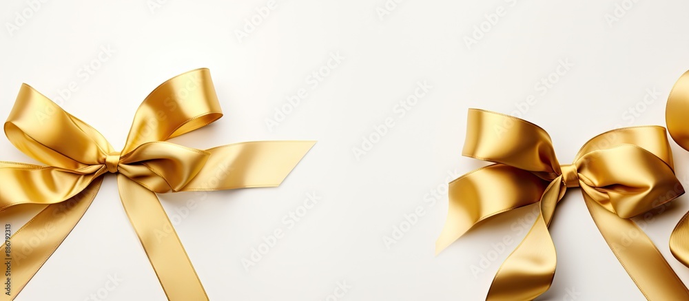 Poster white background with two gold silk ribbons in different styles, elegantly arranged, finishing in a 