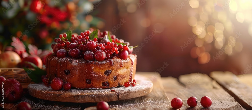 Poster the delightful fruitcake with sweet fruits humbly presented in a beautiful setting with copy space i