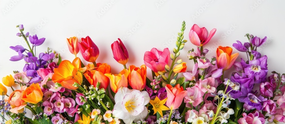 Fototapete spring flowers like tulips and freesias arranged in a colorful bouquet on a white background with ro
