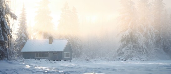 Sunlight glistening on a snowy roof of a distant house with a forest in the front. Ample copy space in the image.