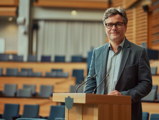 A male university professor in a lecture hall, standing at the lectern and engaging with the camera, 