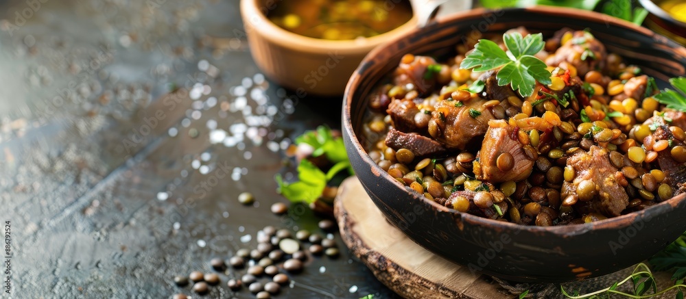 Poster freshly cooked lentils mixed with savory beef or pork, served as an appetizer or a meal, placed on t