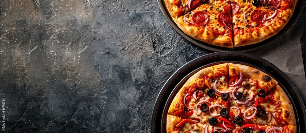 Poster High-resolution photo featuring two pizzas on a pan with copy space image available.