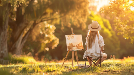 A woman painting on a canvas set up in a peaceful park, her artistic focus clear. Shallow depth of field, blurred background