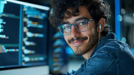 Software developer smiling while coding on a computer in a tech office environment showcasing innovation and enthusiasm for technology Portrait, Realistic Photo, High resolution, Half-body picture, ,
