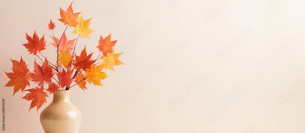 Poster minimalist autumn concept with a vase containing maple leaves, focused on the arrangement with a cop