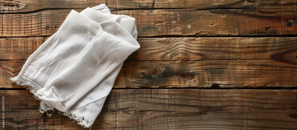 Poster Top view mockup with copy space image of a cloth napkin on a rustic wooden table.