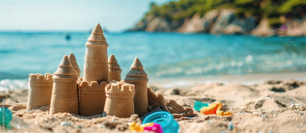 Poster sand castles and plastic toys placed on the beach near the sea, creating a picturesque scene with co