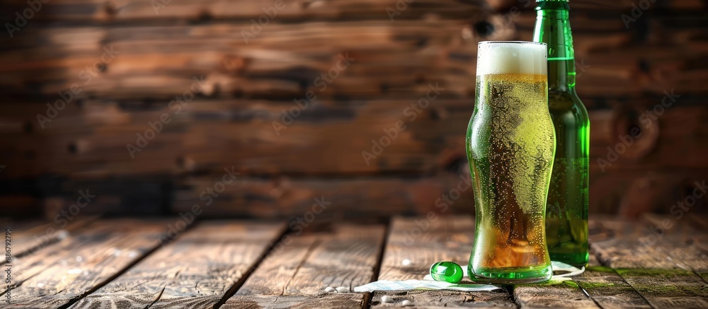 Poster bottle and glass of green beer displayed on a wooden background with copy space image.