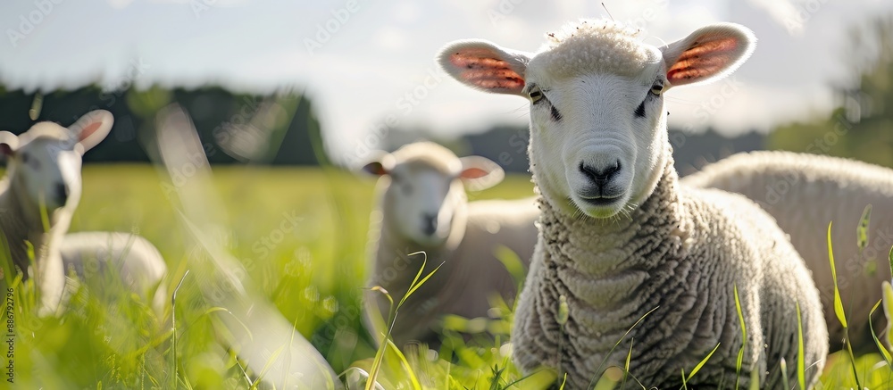 Aufkleber a few sheep are munching on grass in the pasture, with a clear sky background ideal for a copy space