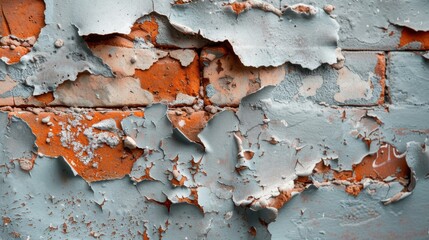 Naklejka premium A close-up view of peeling paint on a rugged brick wall surface, highlighting the texture and decay, representing aging and wear over time.
