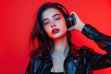 Beautiful fashionable woman with headphones listening to relaxing music on neon background at studio