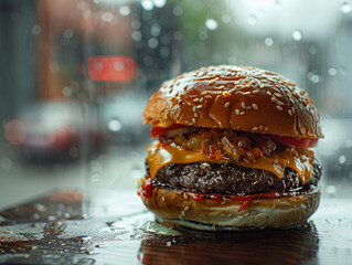 Food photography of an unhealthy burger with greasy and tempting ingredients.