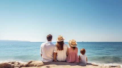 Father, mother and children. Happy family sitting on the beach in the sea. clear sky day