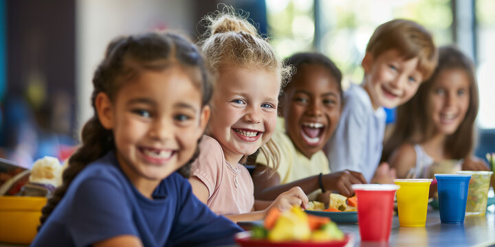 Diverse group of school kids having fun eating lunch together - Powered by Adobe