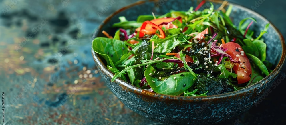 Poster A nutritious salad featuring Wakame seaweed and shredded vegetables, with a background perfect for adding text or logos: copy space image.
