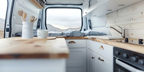 Cozy kitchen interior in a mobile home or camper van for travel. Concept Travel, Interior Design, Cozy Spaces, Kitchen Decor, Mobile Living