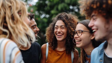 Group of friends of many nationalities Spending time together outdoors smile and laugh
