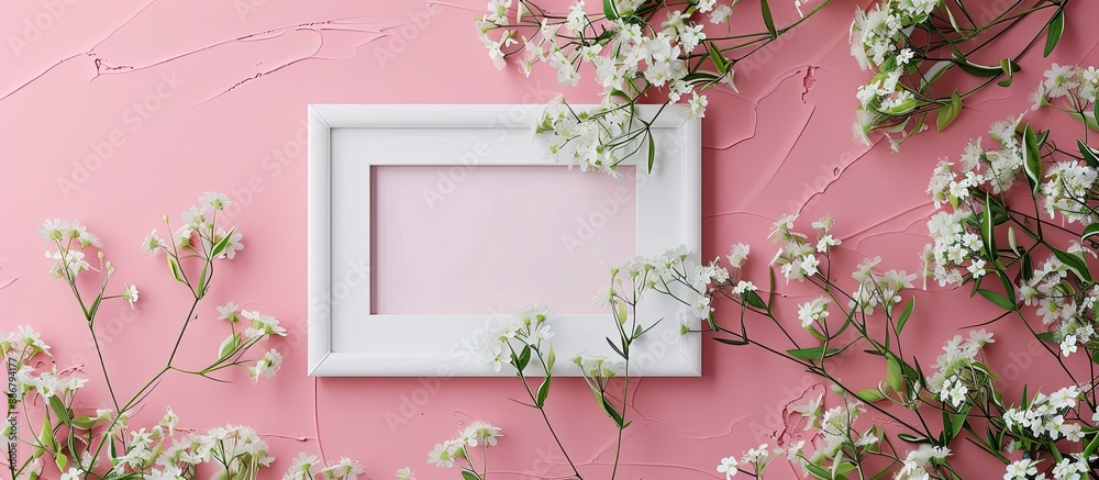 Poster top view mockup featuring a white picture frame with mouse-ear chickweed flowers on a pink textured 