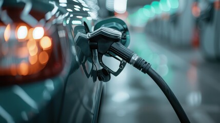 Fototapeta premium A close-up view of a car being refueled at a gas station at night, with the fuel nozzle inserted into the car's tank while background lights blur softly.