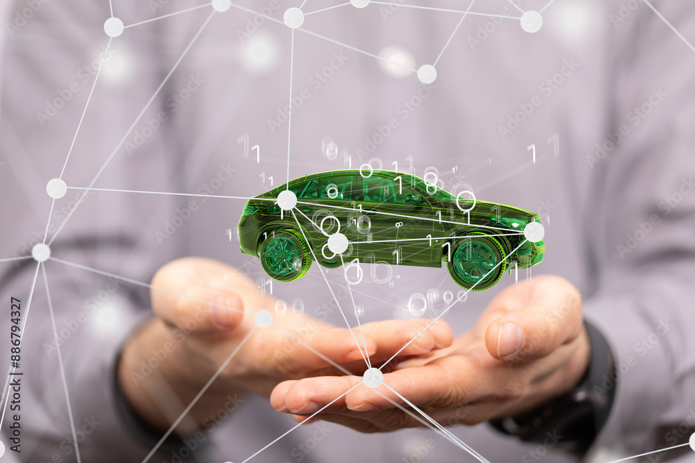 Poster autonomous car with hud graphic of navigation system driving