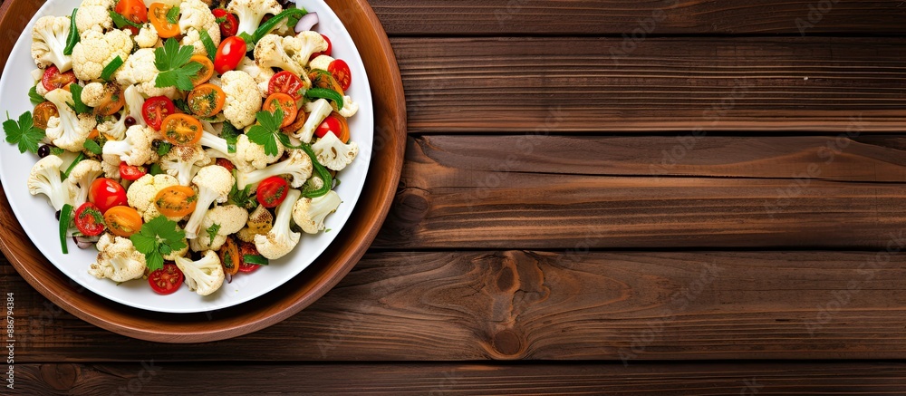 Poster close-up top view of a healthy cauliflower salad in a white bowl on a wooden background, conveying a