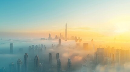 Naklejka premium Sunrise Skyline with Skyscrapers: Captivating Cityscape - Majestic Urban View