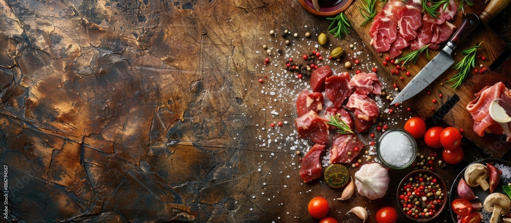 Poster rustic background with a cutting board surrounded by salted meat and cooking ingredients, top view, 
