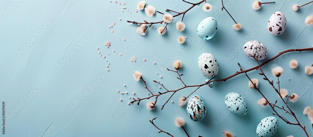 Poster Flatlay with Easter decorative eggs and branches on a soft blue pastel backdrop featuring a craft quail egg design. Festive spring holiday card with ample copy space image.