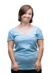 Fototapeta premium Young adult woman with down syndrome over isolated background with a happy and cool smile on face. Lucky person.