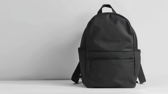 A black backpack sits on a white background