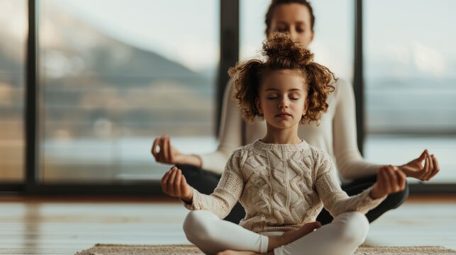 A mother and her young child are seen practicing yoga in a spacious, modern home with large windows, highlighting their focus, tranquility, and connection.