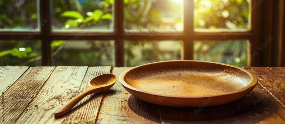 Aufkleber An empty plate, along with a wooden spoon and fork, rests on a brown wooden table by a window with a view, creating a perfect copy space image.