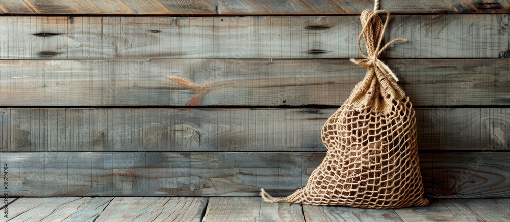 Poster eco-friendly string bag on a wooden surface with copy space image.