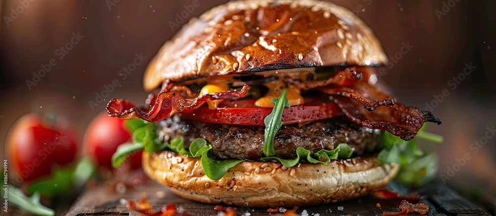 Poster Close-up of a delicious burger topped with bacon on a rustic wooden board, with a designated area for text in the image.