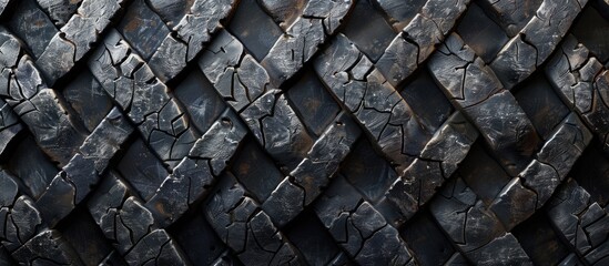 Black rubber tire tread pattern background with a distressed, aged, and worn-out look, ideal for automotive themes, featuring copy space for images.
