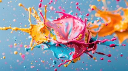 A stunning whirl of pink, yellow, and blue paint creates an energetic mid-air explosion, symbolizing the burst of creativity and emotion in a modern art piece.