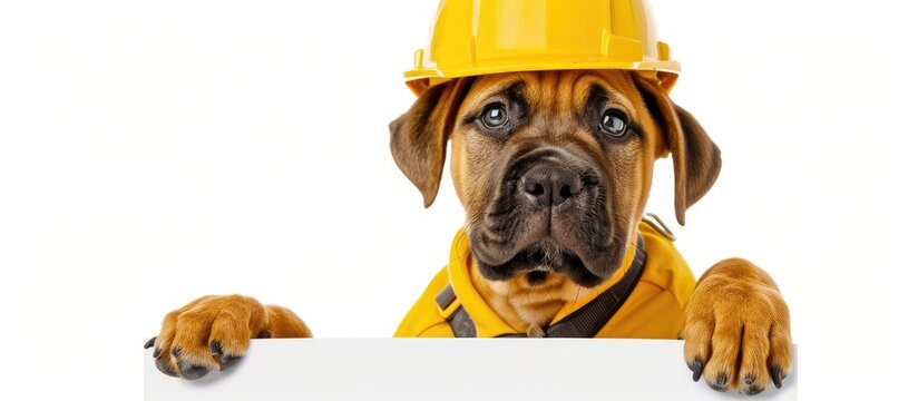 A comical mastiff pup, dressed as a worker with tools, grasps a sales sign and a blank list against a white backdrop, creating a humorous copy space image.
