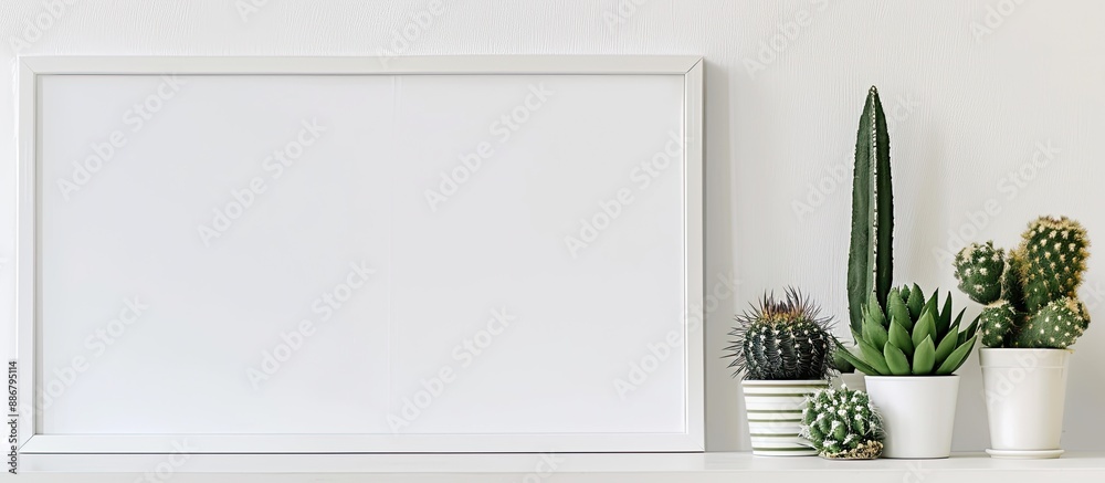 Aufkleber A simple white frame with ceramic cactus plants on a shelf or desk against a white backdrop provides a visual story in a copy space image.