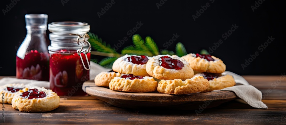 Leinwandbilder cookies with syrup and jam displayed on the desk with copy space image.