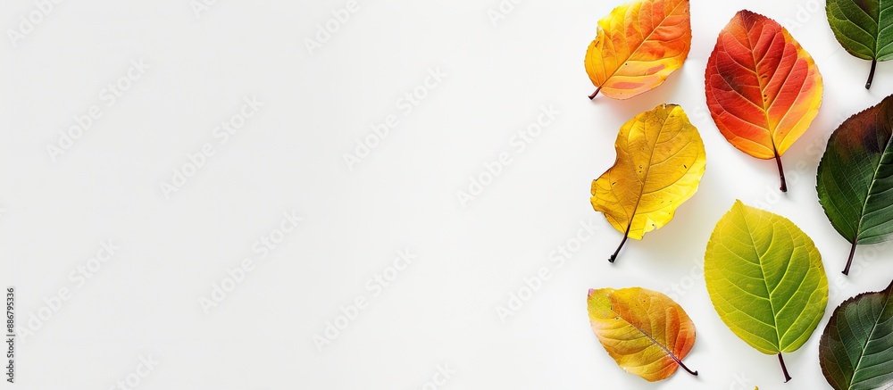 Aufkleber A flat lay image displaying yellow, green, and red autumn leaves on the right side of a white background, allowing for text to be added in the copy space image.