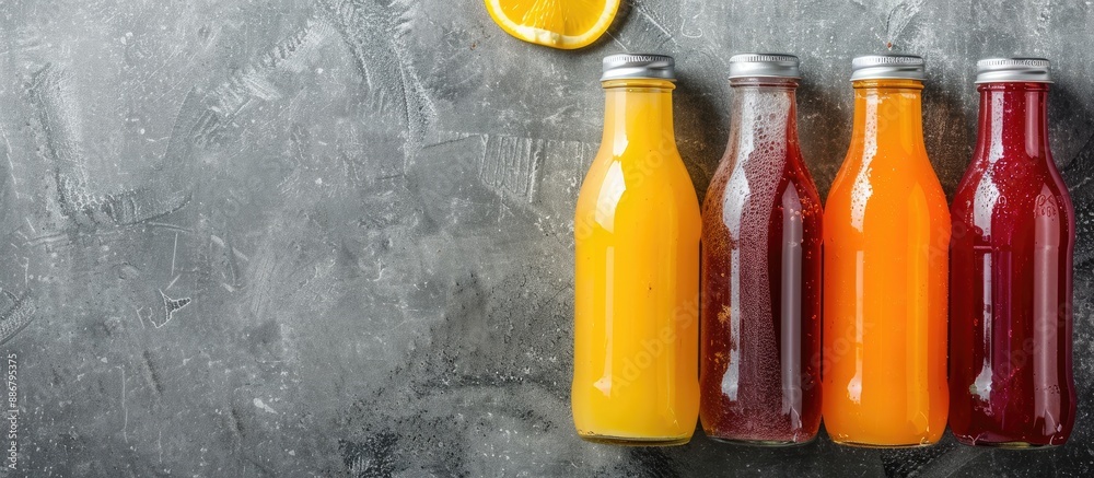 Poster Bottles of fresh juices displayed on a concrete table with a vivid copy space image.