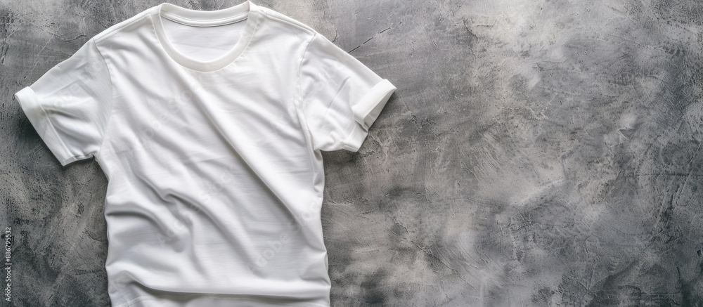 Aufkleber Top view of a white T-shirt on a clothes background with an empty copy space image for mock-up purposes is displayed.